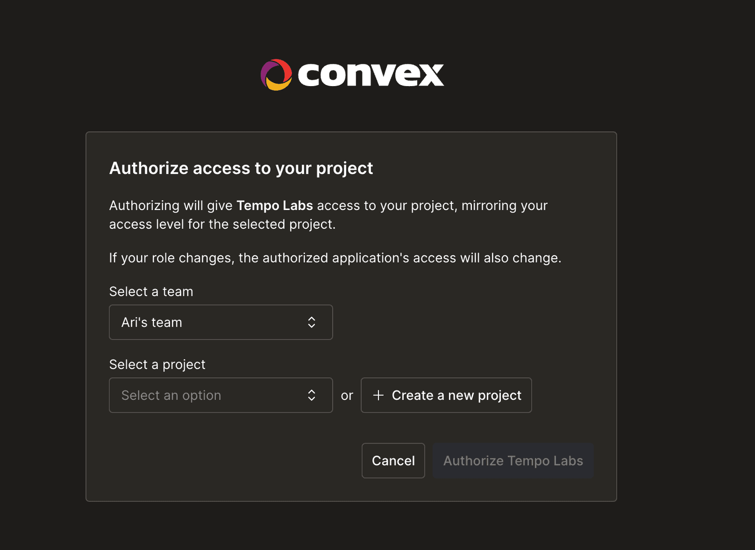 Convex OAuth authorization screen showing project selection