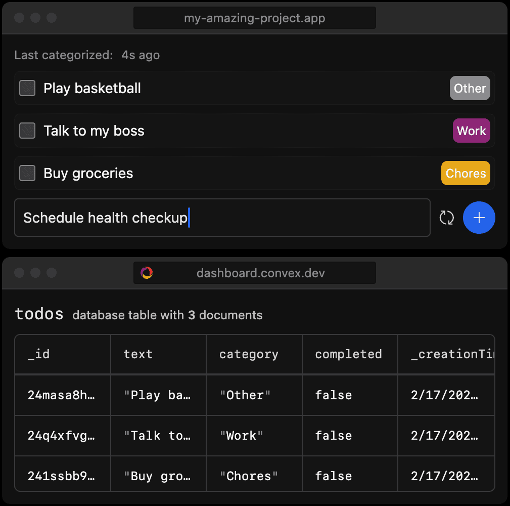 Screenshot of app preview and Convex dashboard