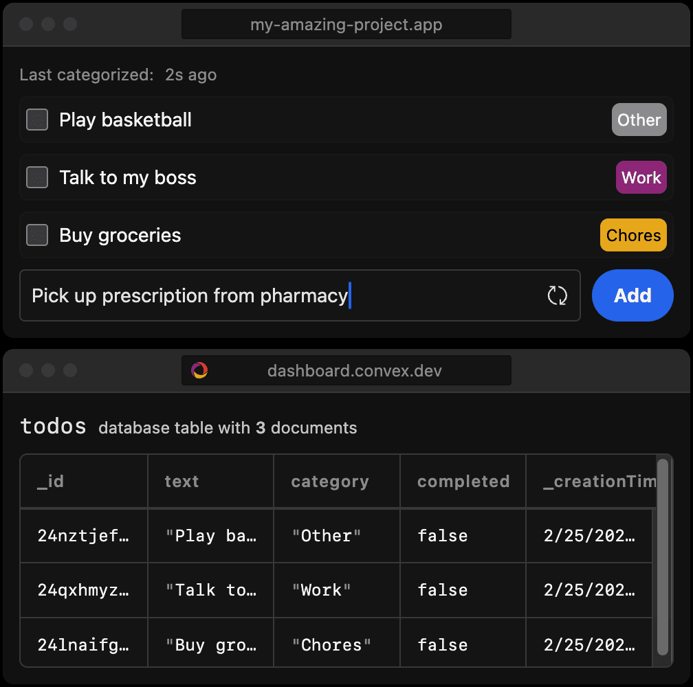 Screenshot of app preview and Convex dashboard