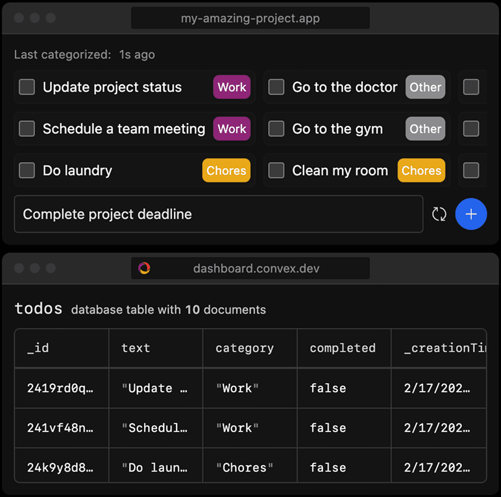 Screenshot of app preview and Convex dashboard