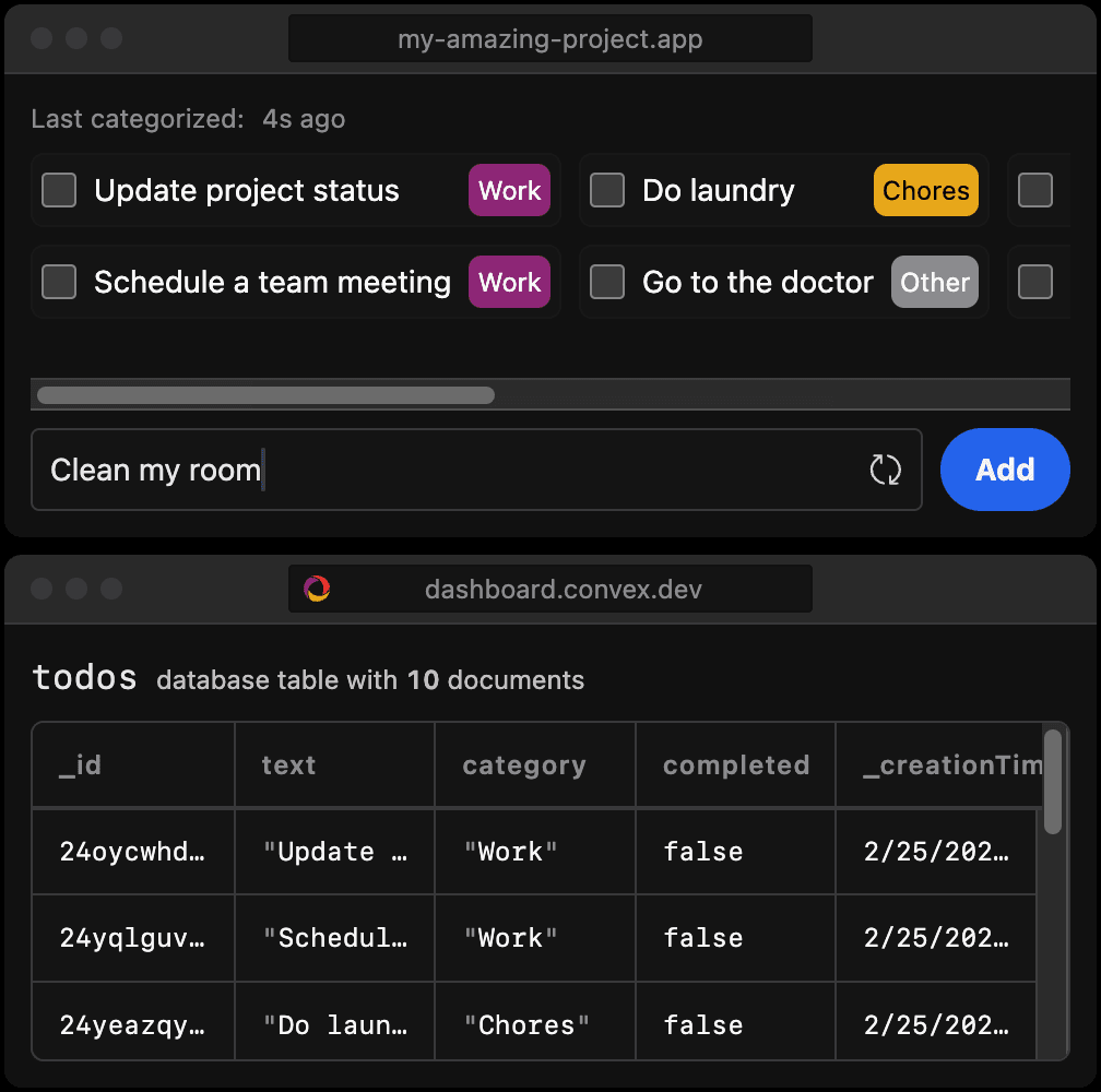 Screenshot of app preview and Convex dashboard