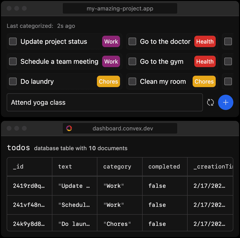 Screenshot of app preview and Convex dashboard