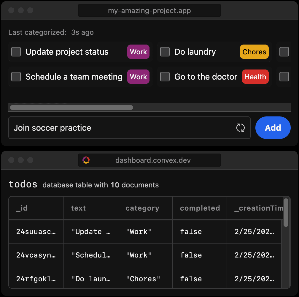 Screenshot of app preview and Convex dashboard