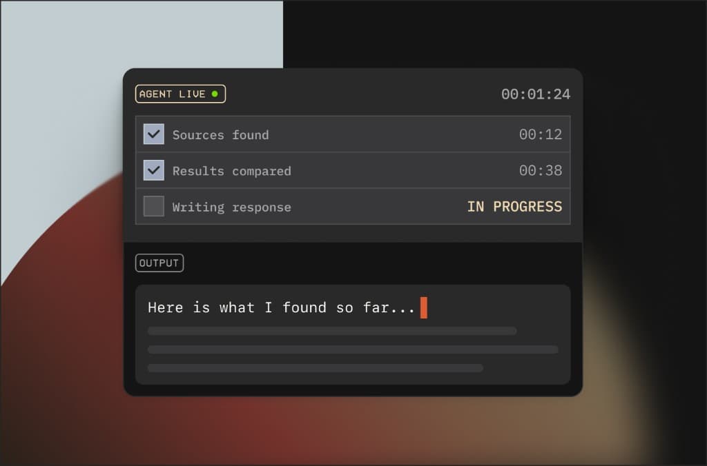 Live agent panel showing sources found, results compared, and a response in progress